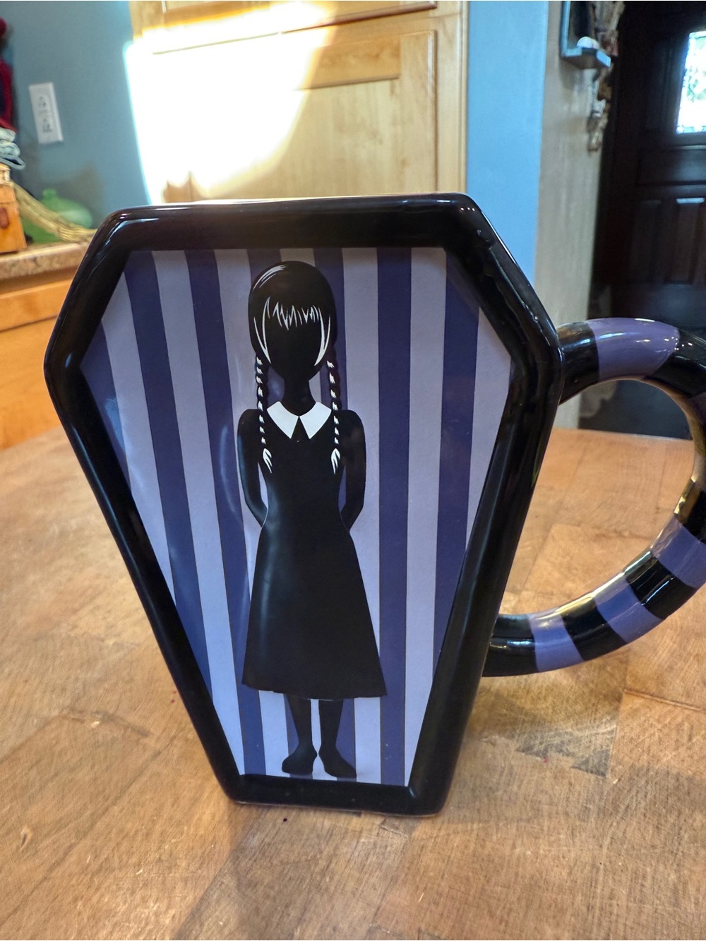 Wednesday Adam’s Black & Purple Gothic Coffin-Shaped Mug Striped Coffee Cup